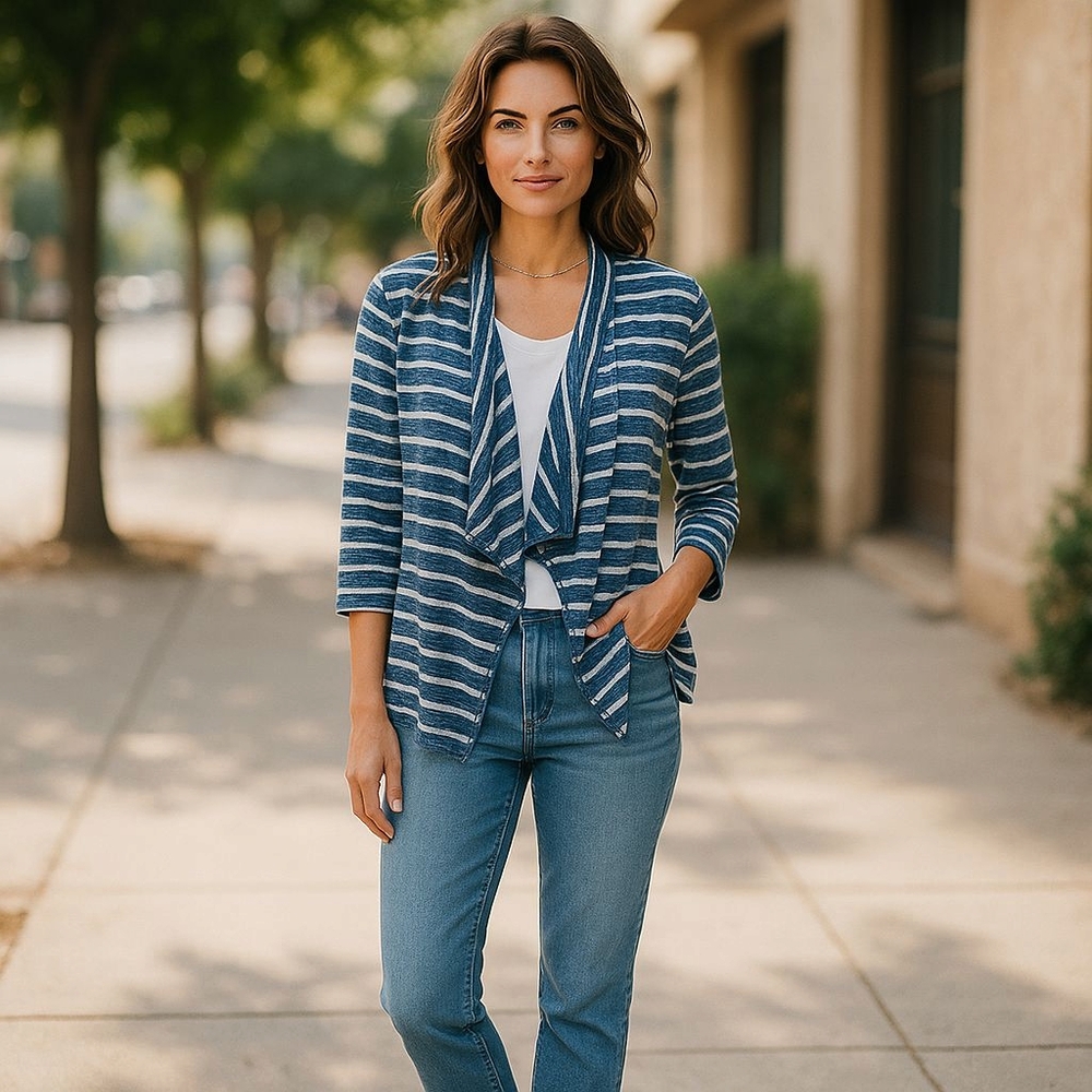 Size Small Peck & Peck Cotton Cardigan - blue and white 3/4 Sleeve